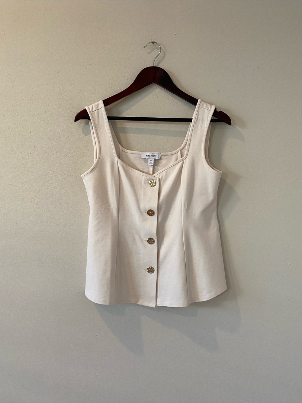 Nine West Tank Top Blouse Medium Gold Button Front V-Neck Sleeveless Cream